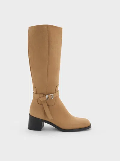 Charles & Keith - Eliza Faux Suede Knee-high Boots In Sand