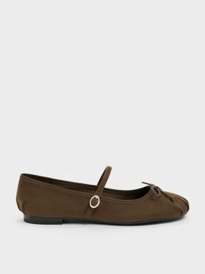 Charles & Keith - Emiko Faux Suede Bow Mary Jane Flats In Chocolate Textured