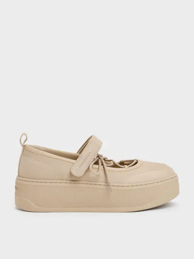 Charles & Keith - Faux Suede Mary Jane Platform Sneakers In Beige