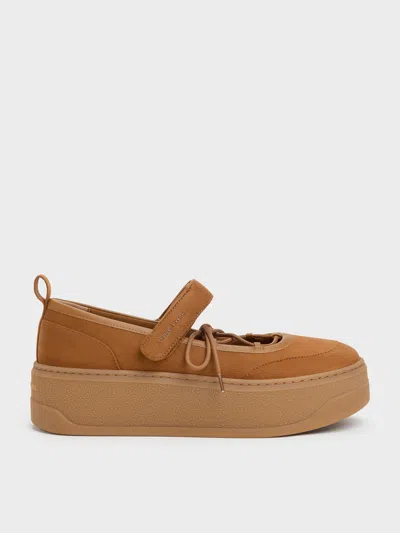 Charles & Keith - Faux Suede Mary Jane Platform Sneakers In Cognac