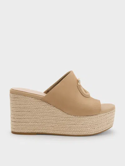 Charles & Keith - Faux Suede Metallic-accent Espadrille Wedges In Neutral