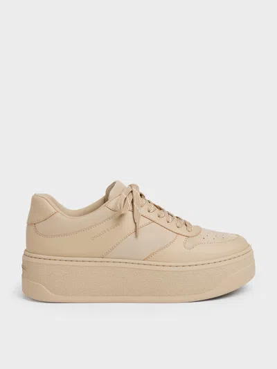 Charles & Keith - Faux Suede Platform Sneakers In Beige