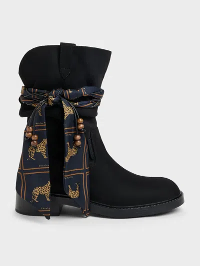 Charles & Keith - Faux Suede Printed-scarf Calf Boots In Black Textured