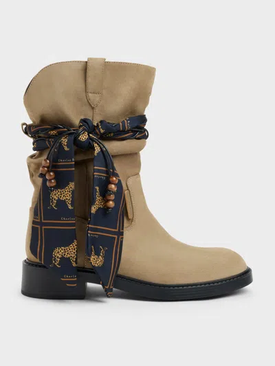 Charles & Keith - Faux Suede Printed-scarf Calf Boots In Khaki