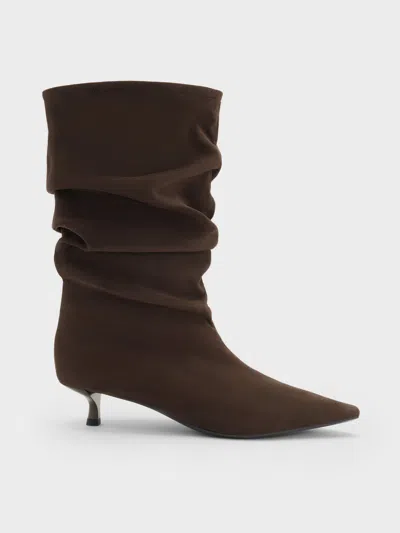 Charles & Keith - Faux Suede Ruched Kitten-heel Calf Boots In Brown