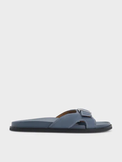 Charles & Keith - Faux Suede Stitch-trim Buckled Slides In Blue