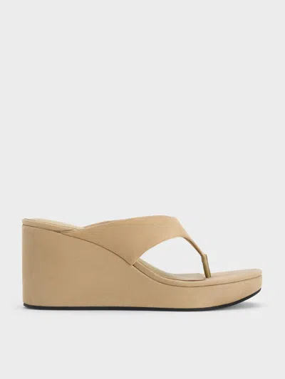 Charles & Keith - Faux Suede Thong Platform Wedges In Sand