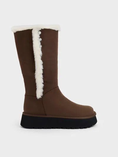 Charles & Keith - Floyd Faux Suede Fur-trim Platform Boots In Brown