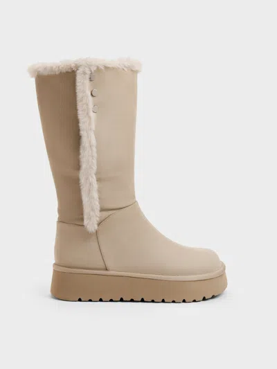 Charles & Keith - Floyd Faux Suede Fur-trim Platform Boots In Neutral