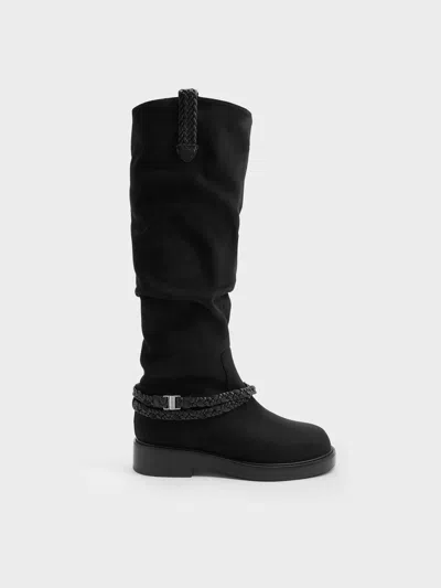 Charles & Keith - Franca Faux Suede Braided-strap Knee-high Boots In Black