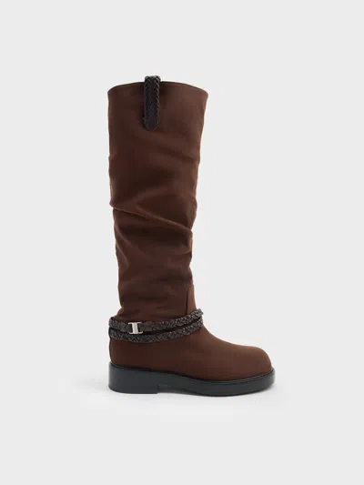 Charles & Keith - Franca Faux Suede Braided-strap Knee-high Boots In Brown