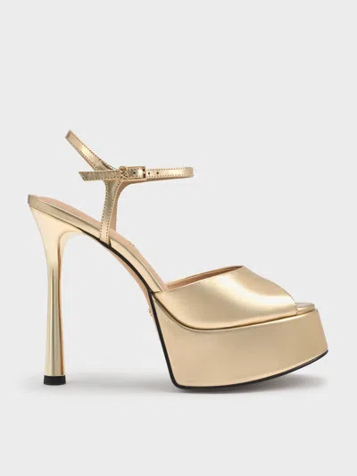 Charles & Keith - Francesca Metallic Leather Peep-toe Platform Heels In Gold