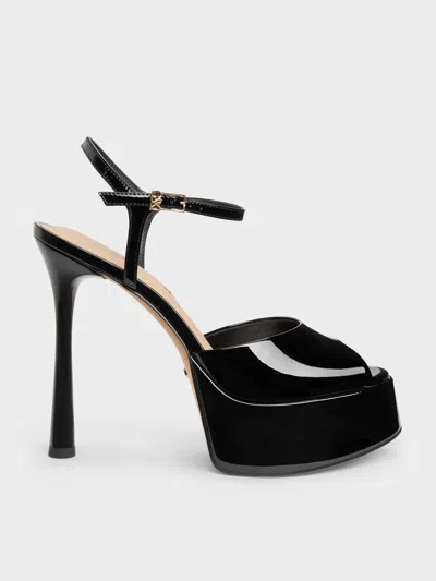 Charles & Keith - Francesca Patent Leather Peep-toe Platform Heels In Black