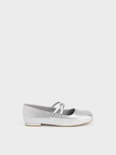 Charles & Keith Girls' Gem-embellished Metallic Mary Janes In Silver