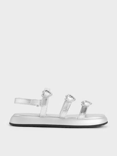 Charles & Keith - Girls' Metallic Heart-embellished Strappy Sandals In Silver