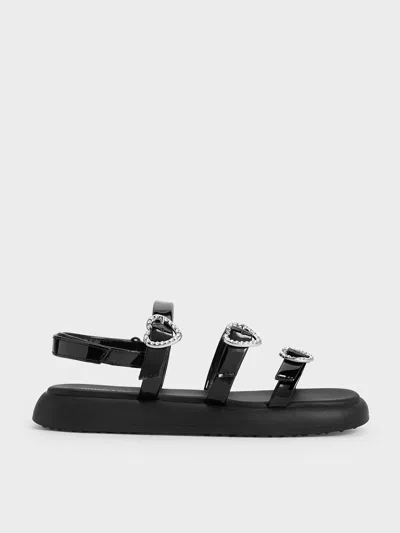 Charles & Keith - Girls' Patent Heart-embellished Strappy Sandals In Black Patent