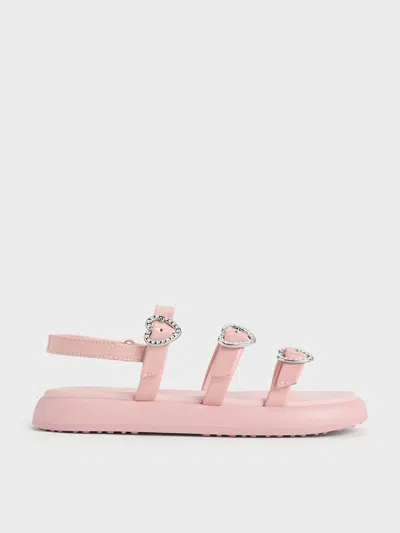 Charles & Keith - Girls' Patent Heart-embellished Strappy Sandals In Pink