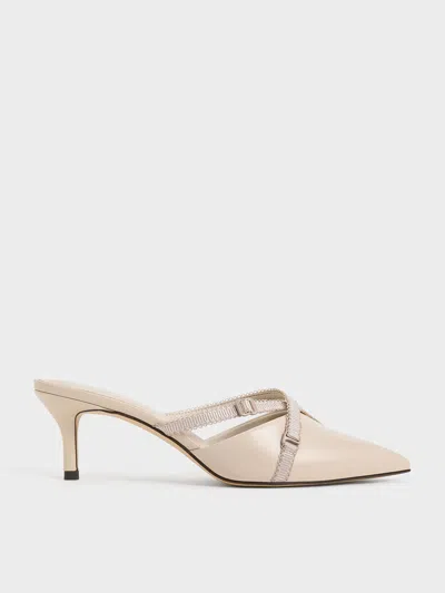 Charles & Keith Grosgrain-strap Pointed-toe Mules In Nude