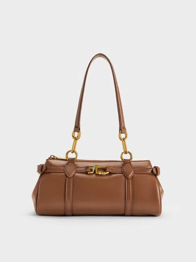 Charles & Keith - Gwynne Metallic-accent Elongated Shoulder Bag In Brown