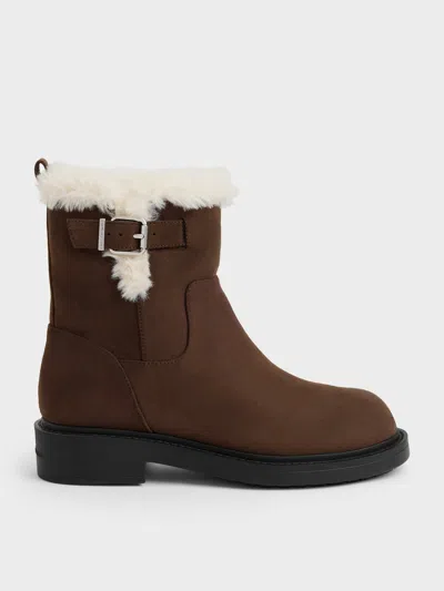 Charles & Keith - Joni Faux Suede Fur-trim Ankle Boots In Dark Brown Textured