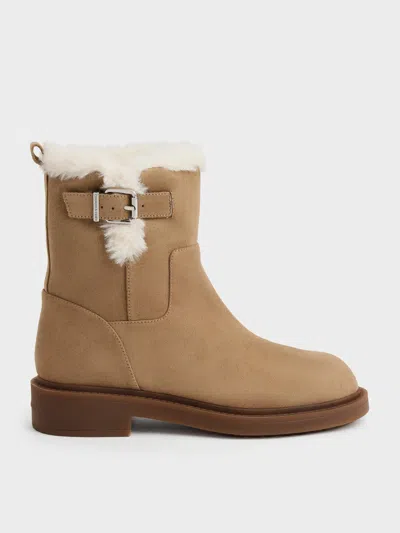 Charles & Keith - Joni Faux Suede Fur-trim Ankle Boots In Sand