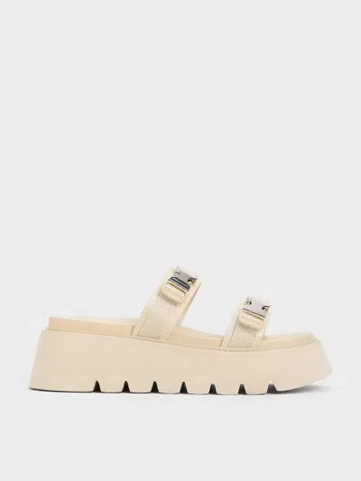 Charles & Keith Laine Metallic-buckle Flatform Sandals In Beige