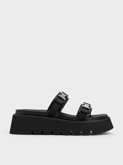 Charles & Keith Laine Metallic-buckle Flatform Sandals In Black