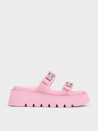Charles & Keith Laine Metallic-buckle Flatform Sandals In Light Pink