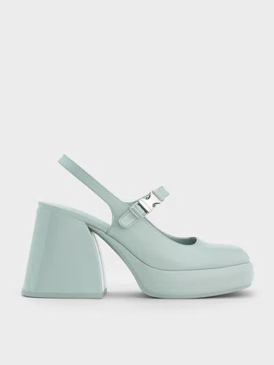 Charles & Keith Laine Metallic-buckle Platform Mary Janes In Blue