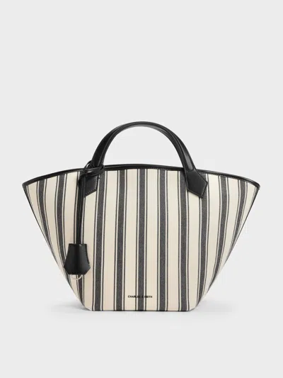 Charles & Keith - Large Ivanna Canvas Striped Tote Bag In Black