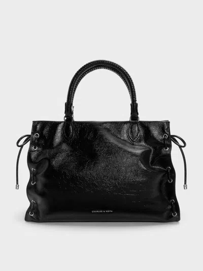Charles & Keith - Large Nylah Grommet Lace-up Tote Bag In Noir