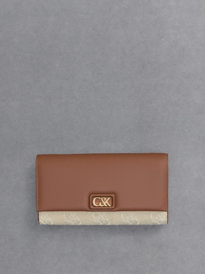 Charles & Keith Leather & Canvas Chain-strap Wallet In Cognac