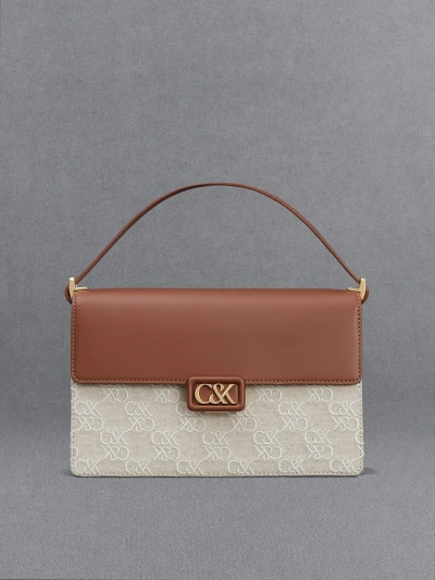 Charles & Keith Leather & Canvas Two-tone Shoulder Bag In Cognac