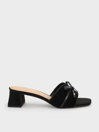 Charles & Keith - Leather & Suede Bow Heeled Mules In Black Textured
