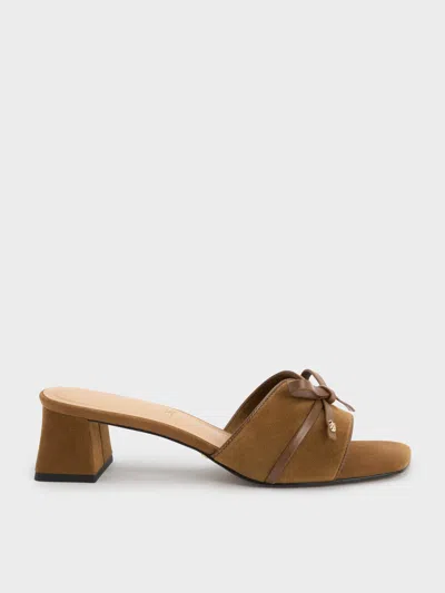 Charles & Keith - Leather & Suede Bow Heeled Mules In Brown