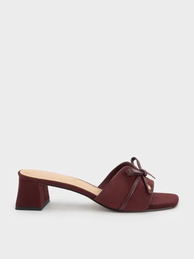 Charles & Keith - Leather & Suede Bow Heeled Mules In Burgundy