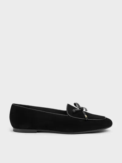 Charles & Keith - Leather & Suede Bow Loafers In Black Textured