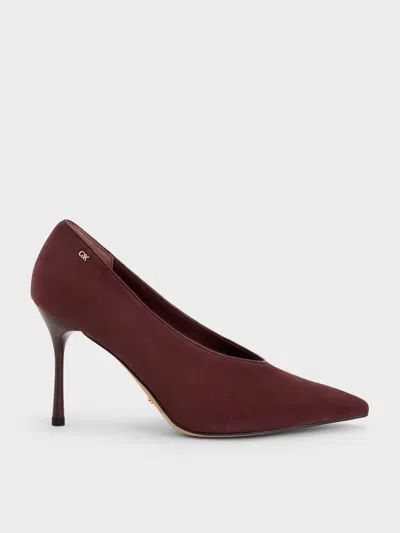 Charles & Keith - Leather & Suede Pointed Pumps In Burgundy