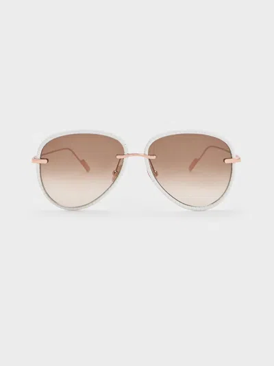 Charles & Keith Leather Braided-rim Aviator Sunglasses In Cream