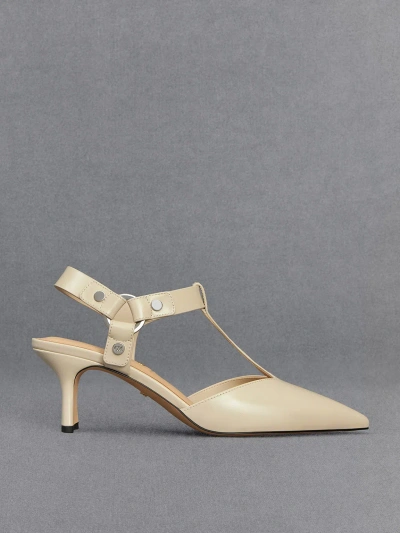 Charles & Keith Leather Buckled T-bar Pumps In Chalk