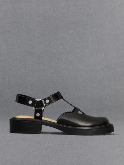 Charles & Keith Leather Cut-out T-bar Sandals In Black