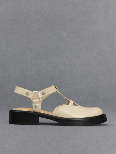 Charles & Keith Leather Cut-out T-bar Sandals In Chalk