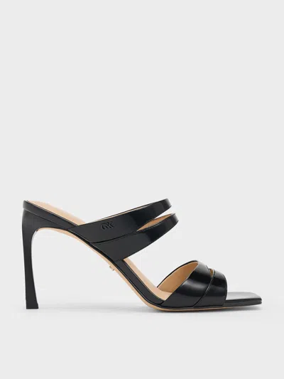 Charles & Keith Leather Double-strap Heeled Mules In Black Box