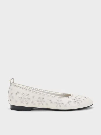 Charles & Keith - Leather Embroidered Ballet Flats In White