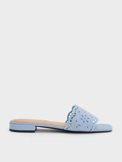 Charles & Keith - Leather Embroidered Slide Sandals In Blue