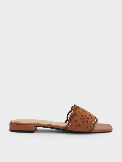 Charles & Keith - Leather Embroidered Slide Sandals In Brown