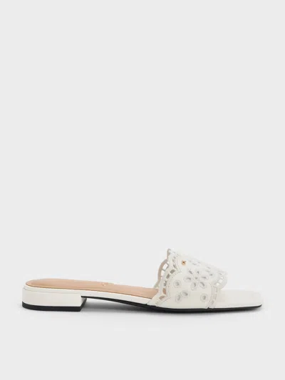 Charles & Keith - Leather Embroidered Slide Sandals In White