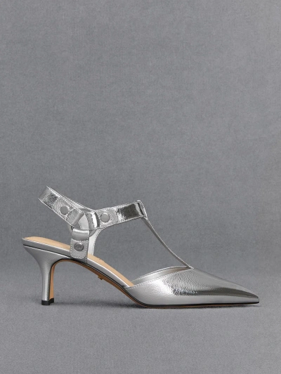 Charles & Keith Leather Metallic Buckled T-bar Pumps In Silver
