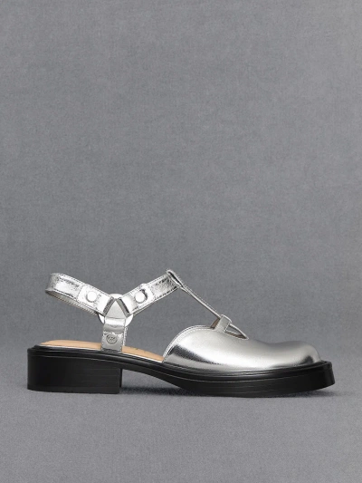 Charles & Keith Leather Metallic Cut-out T-bar Sandals In Silver
