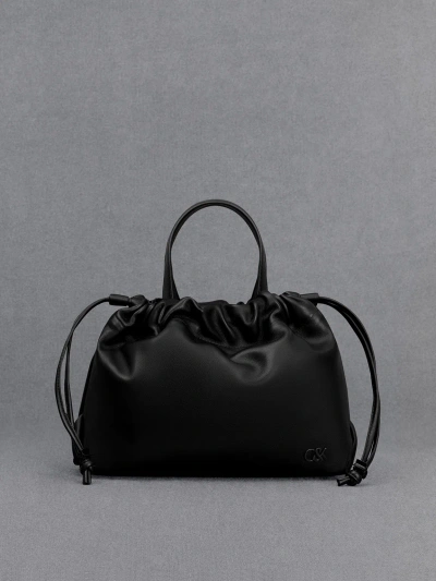 Charles & Keith Leather Ruched Drawstring Bag In Black